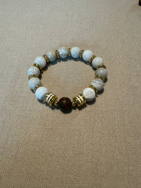 Cream agate bead with wood center beed and gold accents bracelet