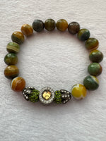 Green and yellow agate with pewter accents men's bracelet in size 8