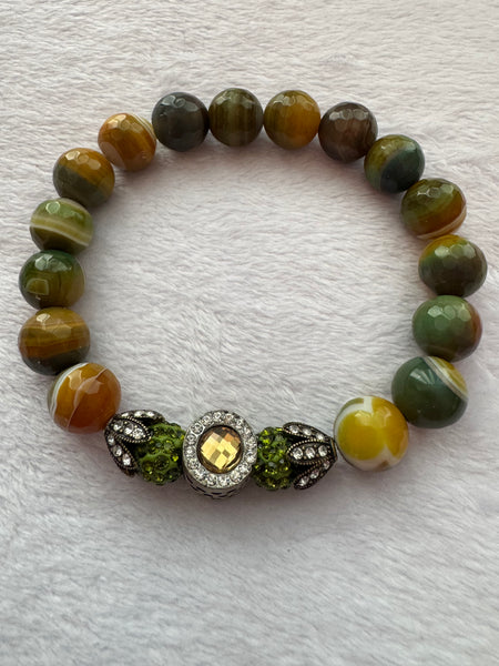 Green and yellow agate with pewter accents men's bracelet in size 8