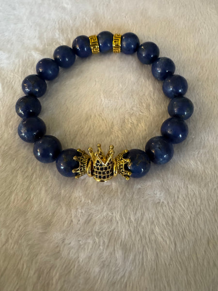 blue agate with gold accents men's bracelet size 8