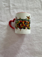 Unapologically Dope coffee mug with red heart handle.