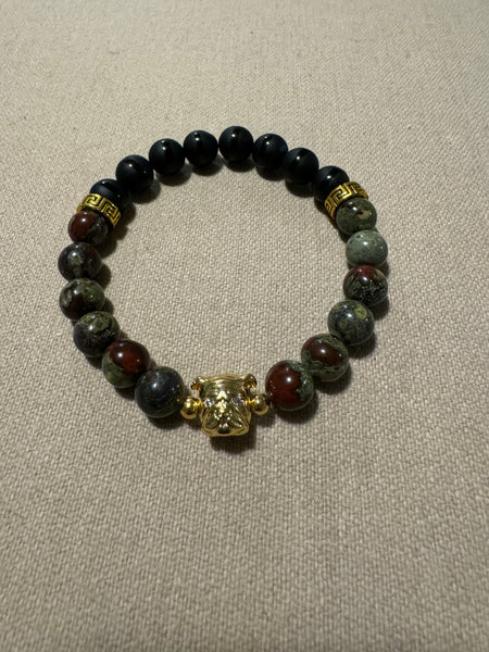Green and burgundy jade with black onyx bracelet