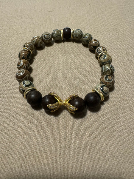 Green agate with brown wood beads and gold accents