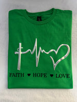 Faith Hope Love t-shirt with metallic puff vinyl image