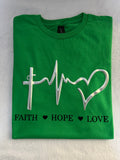 Faith Hope Love t-shirt with metallic puff vinyl image
