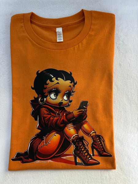 Betty Boop with burnt orange hoodie t-shirt