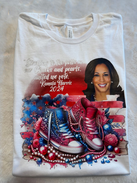Kamala Harris with chucks image on white t-shirt
