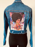 Blue denim jacket with rhinestone image