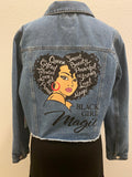 Blue denim jacket with rhinestone image