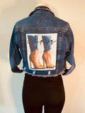 Denim jean with rhinestone transfer image
