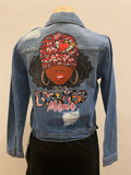 Blue denim jacket with rhinestone image
