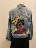 Blue denim jacket with rhinestone image