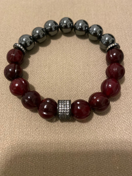 Burgundy wood and  hematite beads