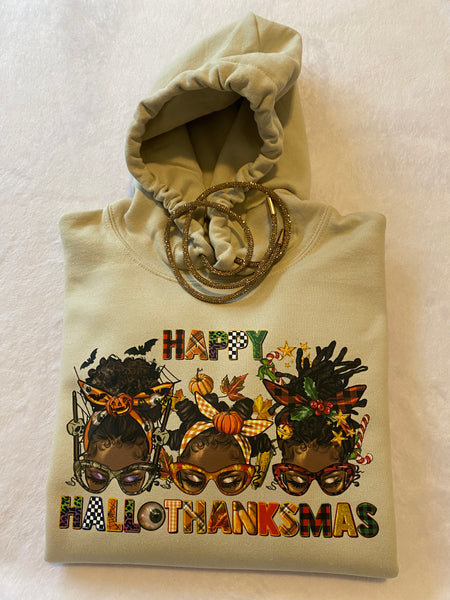Happy HalloThanksMas Messy Bun Bling String Hoodie