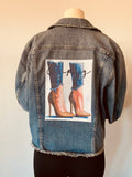 Denim jean with rhinestone transfer image
