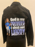 Blue denim jacket with rhinestone image