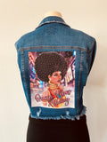 Blue denim jacket with rhinestone image