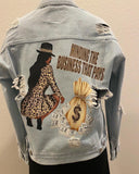 Blue denim jacket with rhinestone image